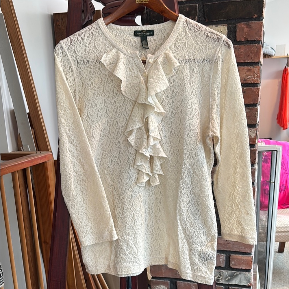 Ann Taylor Cream Ruffled 3/4 Sleeve Blouse